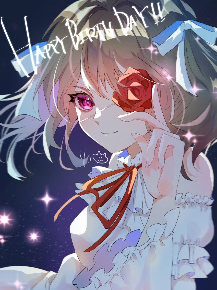 brown_hair, detached_sleeves, dress, flower, flower_eyepatch, flower_over_eye, hair_ribbon, happy_birthday