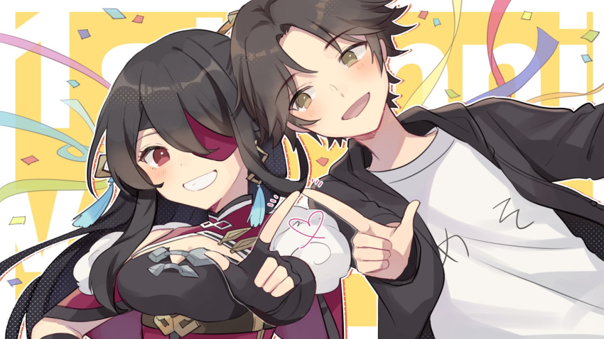 1boy, 1girl, beidou_(genshin_impact), black_gloves, black_hood, black_jacket, breasts, brown_eyes, brown_hair, clothes_writing, earrings, eyepatch, fingerless_gloves, fur_trim, genshin_impact, gloves, hair_ornament, highres, hood, hooded_jacket, indie_virtual_youtuber, jacket, jewelry, long_hair, medium_breasts, meso_mosura, open_mouth, red_eyes, ribbon, shirase_(shirose), shirt, short_hair, smile, tassel, tassel_earrings, teeth, white_shirt