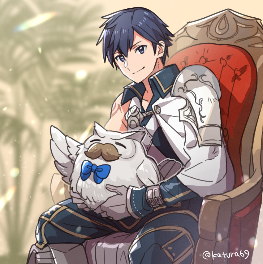 2boys, armor, bird, blue_bow, blue_bowtie, blue_eyes, blue_hair, bow