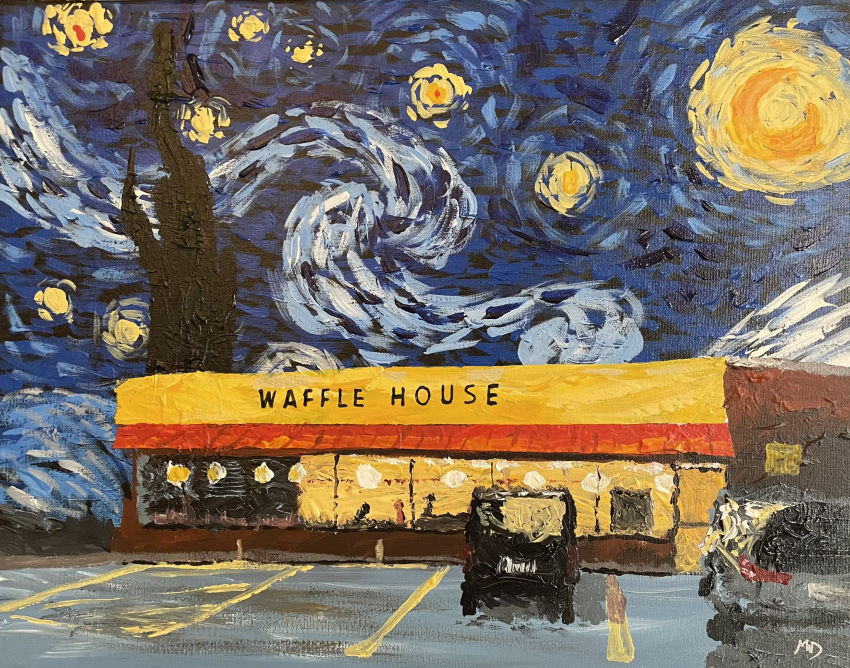 acrylic_paint_(medium), car, door, english_text, full_moon, highres, matt_dawson, moon, motor_vehicle, night, night_sky, no_humans, outdoors, painting_(medium), parking_lot, parody, photo_(medium), scenery, signature, sky, star_(sky), starry_night_(van_gogh), traditional_media, waffle_house, window