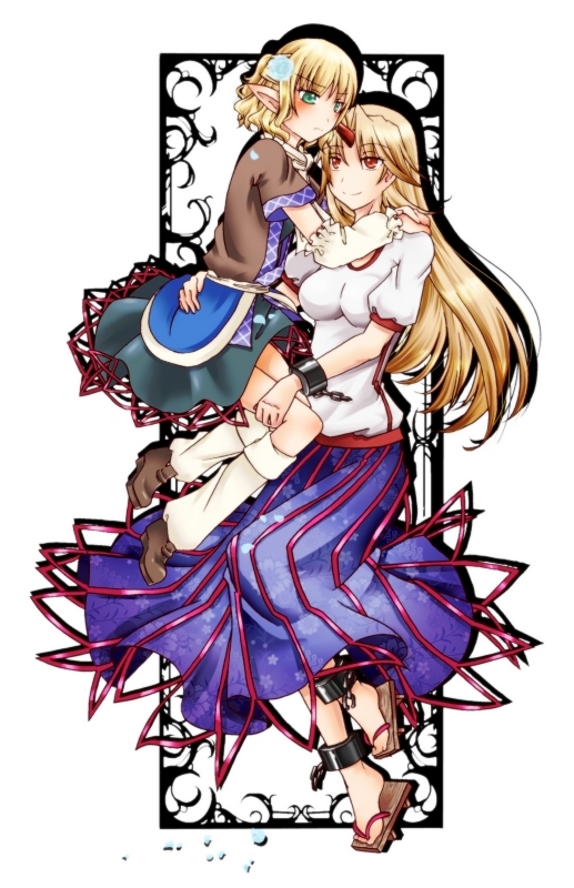 amagumo, flower, hair_flower, hair_ornament, horn, hoshiguma_yuugi, long_skirt, mizuhashi_parsee, multiple_girls, skirt, touhou