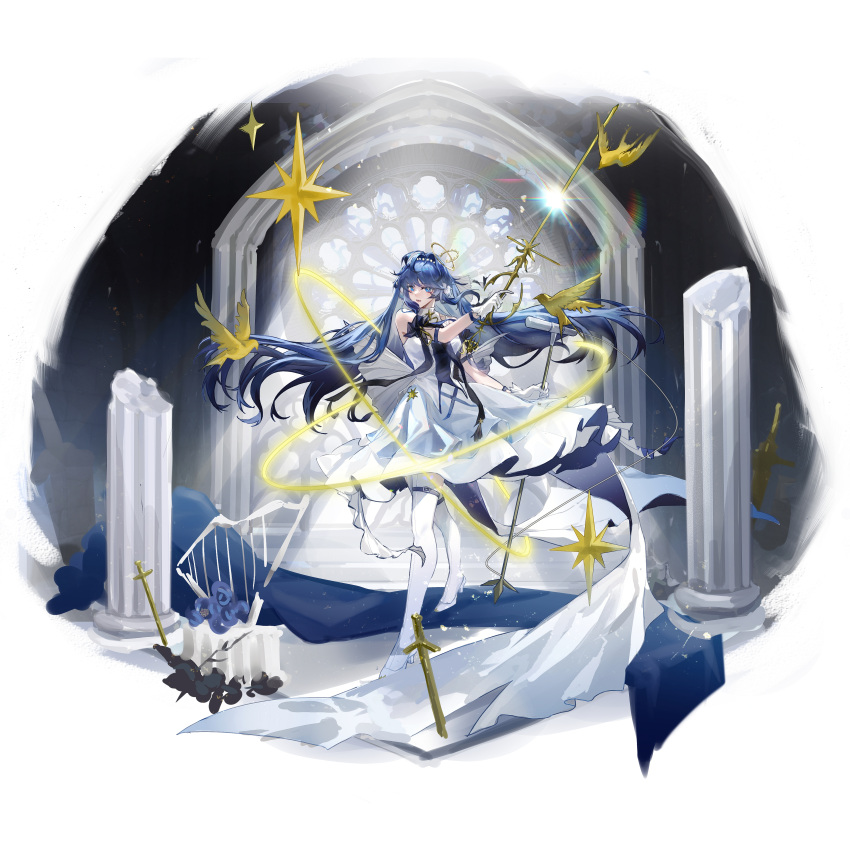1girl, absurdres, arknights, astesia_(arknights), astesia_(frlibe_on_the_palace)_(arknights), bird, blue_eyes, blue_hair, bright_pupils, chaowuwanjiushui, dress, full_body, hair_ornament, harp, high_heels, highres, holding, holding_microphone_stand, holding_sword, holding_weapon, instrument, long_hair, microphone, microphone_stand, orbital_ring, pantyhose, pillar, planted, planted_sword, shine, solo, standing, star_(symbol), sword, very_long_hair, weapon, white_dress, white_pantyhose