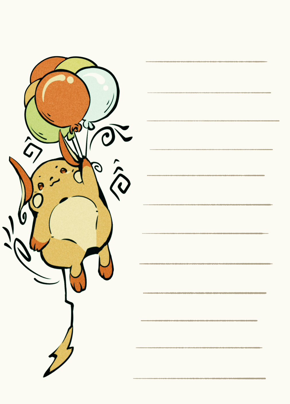 :3, animal_focus, balloon, brown_eyes, ef_(woseisakuchu), floating, highres, holding, holding_balloon, lined_paper, pokemon, pokemon_(creature), raichu, simple_background, white_background