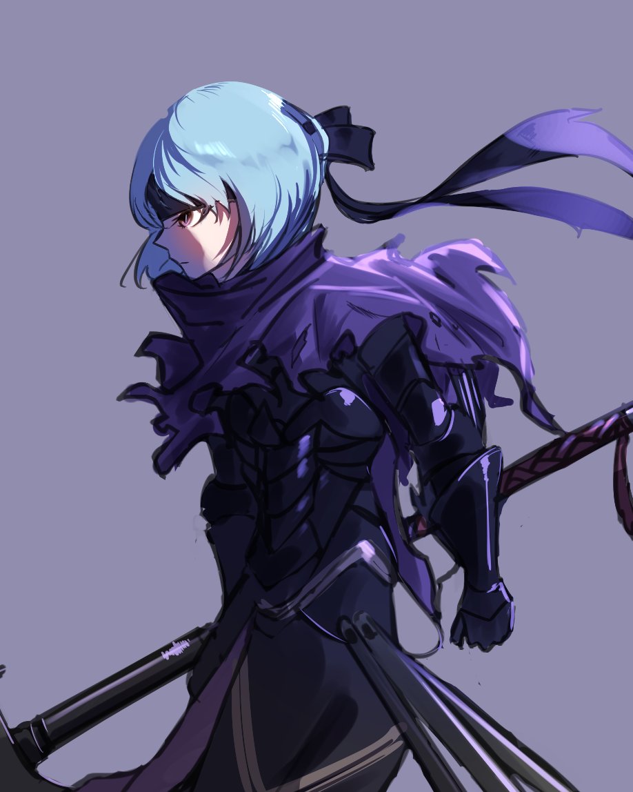 1girl, armor, axe, beruka_(fire_emblem), black_headband, blue_hair, capelet, fire_emblem, fire_emblem_fates, headband, holding, holding_axe, looking_to_the_side, medium_hair, pokomi_9, solo, torn_capelet, torn_clothes, upper_body, violet_eyes