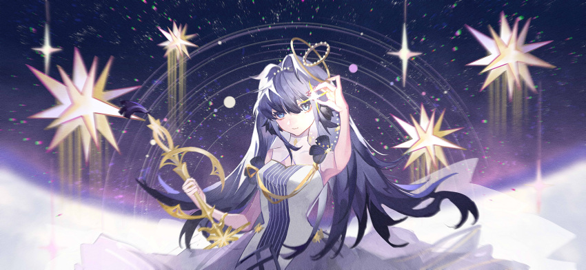 1girl, absurdres, arknights, astesia_(arknights), astesia_(frlibe_on_the_palace)_(arknights), bare_shoulders, blue_eyes, blue_hair
