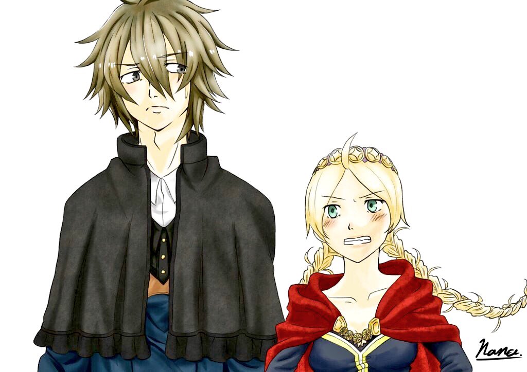1boy, 1girl, ahoge, blue_eyes, braid, capelet, dwyer_(fire_emblem), fire_emblem