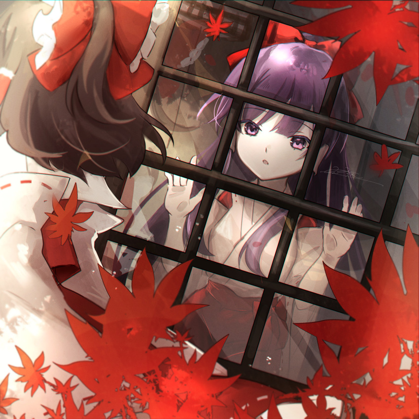 2girls, against_window, autumn, autumn_leaves, bow, brown_hair, dual_persona, hair_bow