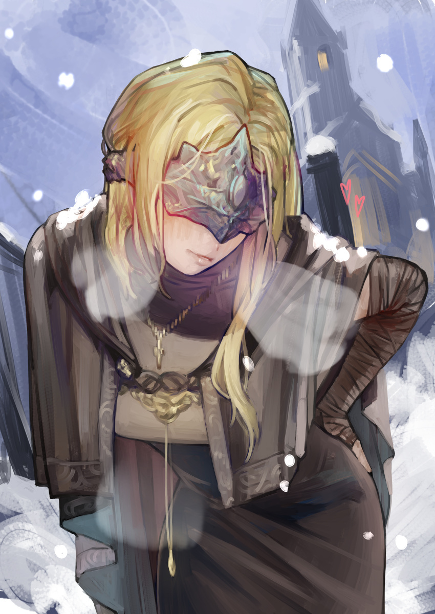 1girl, absurdres, bandaged_arm, bandages, blonde_hair, breath, capelet, commentary_request