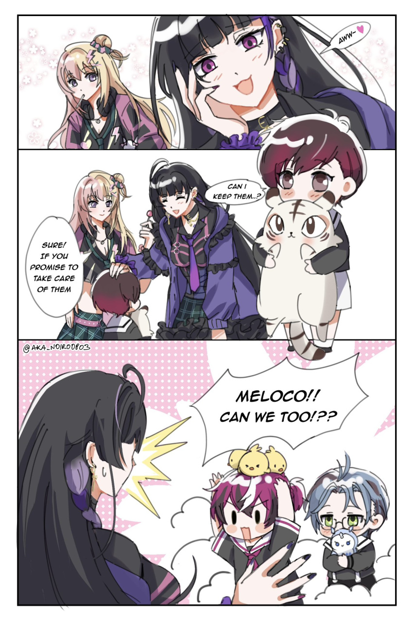 2girls, 3boys, aged_down, black_hair, blonde_hair, blue_hair, blush_stickers, braid, brown_eyes, candy, doppio_dropscythe, food, glasses, gradient_hair, green_eyes, green_necktie, headphones, headphones_around_neck, hex_haywire, highres, jacket, jewelry, kotoka_torahime, lollipop, long_hair, meloco_kyoran, mouth_hold, multicolored_hair, multiple_boys, multiple_girls, necklace, necktie, nijisanji, nijisanji_en, noiro_(aka_noiro0803), open_clothes, open_jacket, pink_hair, purple_hair, purple_nails, scythekick_(doppio_dropscythe), sickling_(hex_haywire), side_braid, split-color_hair, streaked_hair, ver_vermillion, villion_(ver_vermillion), violet_eyes, xsoleil