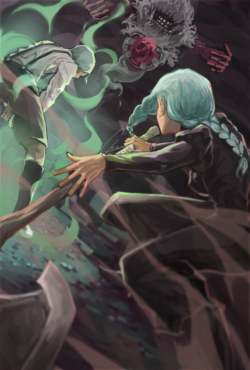 1boy, 1girl, artist_name, black_dress, black_shorts, brother_and_sister, dress, fighting_stance, grey_hair, highres, holding, holding_weapon, jujutsu_kaisen, mei_mei_(jujutsu_kaisen), monster, shirt, short_hair, shorts, siblings, suspenders, tomorrow4431, twitter_username, ui_ui_(jujutsu_kaisen), weapon, white_shirt