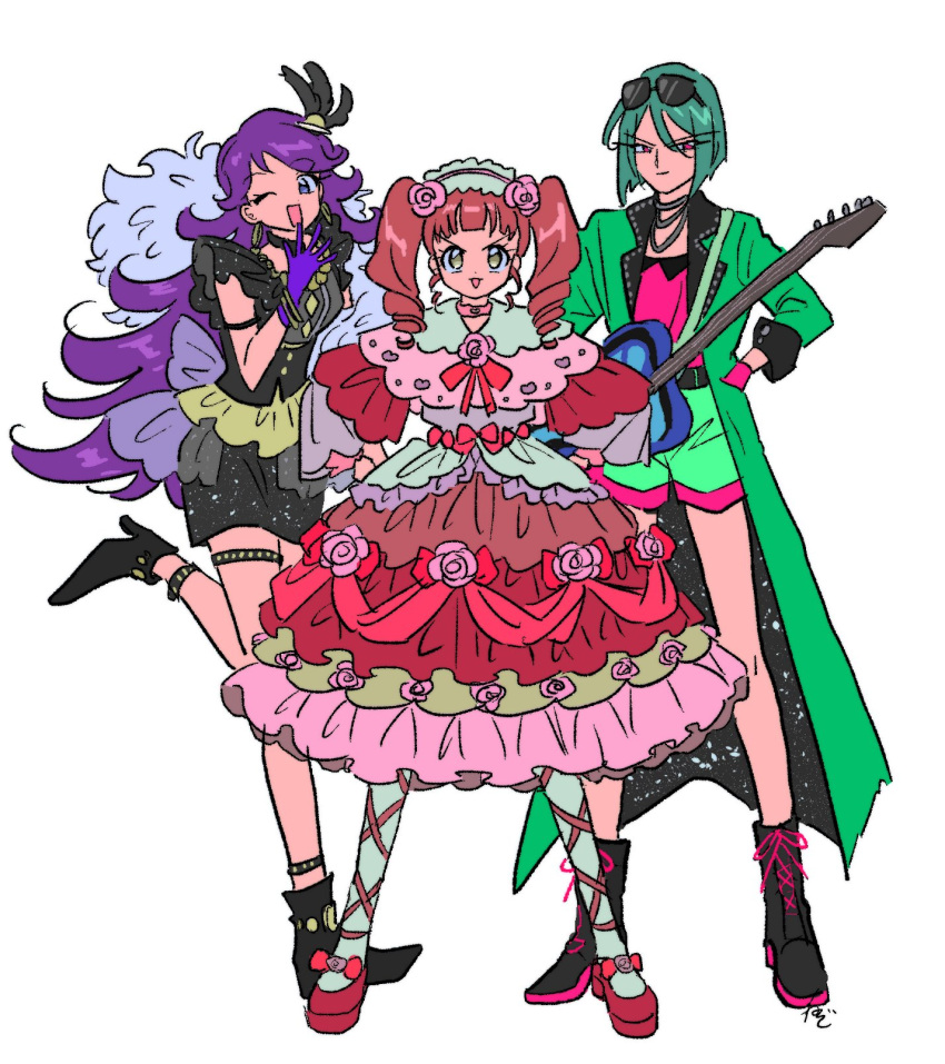3girls, akagi_anna, black_dress, black_footwear, blunt_bangs, boots, coat, dress