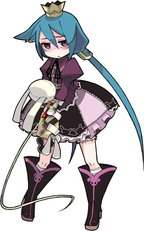 7th_dragon, bags_under_eyes, blue_hair, crown, doll, long_hair, long_sleeves, mota