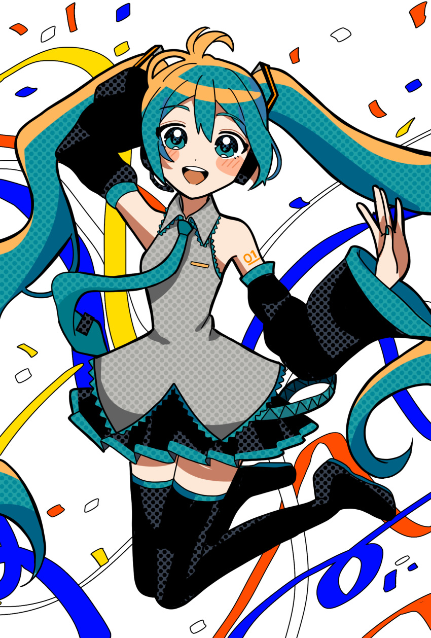 1girl, absurdres, aqua_eyes, aqua_hair, arm_behind_head, bare_shoulders, blue_eyes, blue_hair