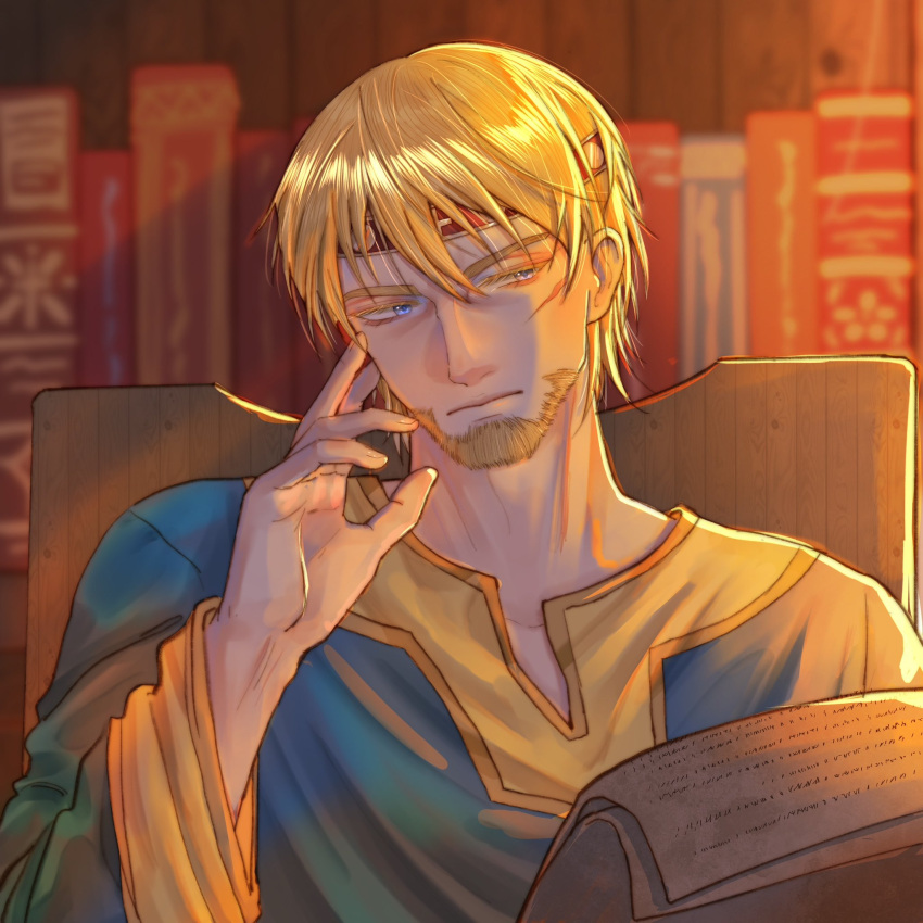 1boy, beard, blonde_hair, blue_eyes, book, canute, chair, facial_hair