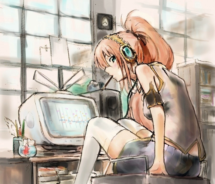 aqua_eyes, bare_shoulders, bookshelf, carlos_(artist), carlos_toshiki, clock, computer, face, fish, from_behind, goldfish, headphones, long_hair, looking_back, megurine_luka, monitor, pencil, pink_hair, pocky, ponytail, sitting, skirt, solo, table, thigh-highs, thighhighs, very_long_hair, vocaloid, window, zettai_ryouiki