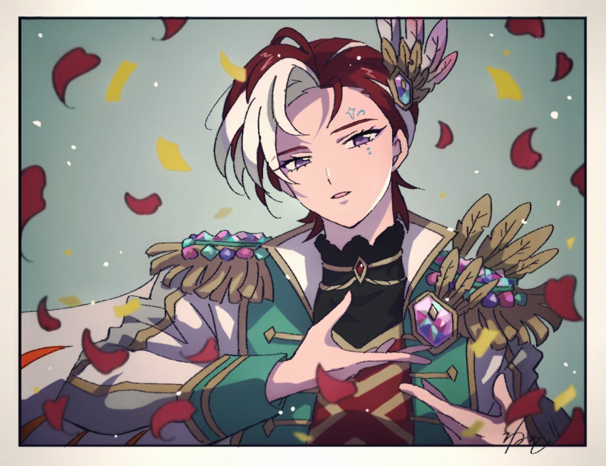 1girl, border, cape, commentary_request, confetti, epaulettes, facial_mark, falling_petals