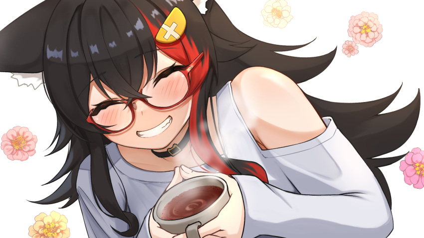 1girl, ^_^, animal_ears, black_hair, blush, clenched_teeth, closed_eyes, coffee