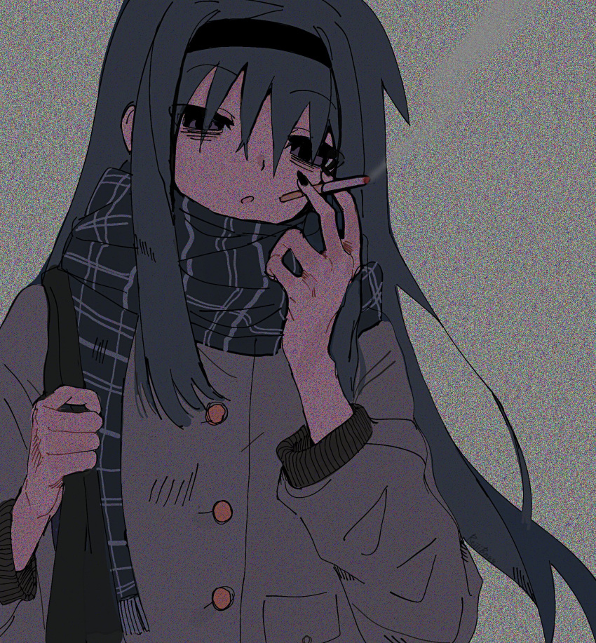1girl, akemi_homura, black_hairband, black_nails, blue_scarf, cigarette, empty_eyes, green_hair, grey_jacket, hairband, highres, holding, holding_cigarette, jacket, long_hair, mahou_shoujo_madoka_magica, multicolored_background, r_(reijibnuy2), scarf, smoking, solo, static