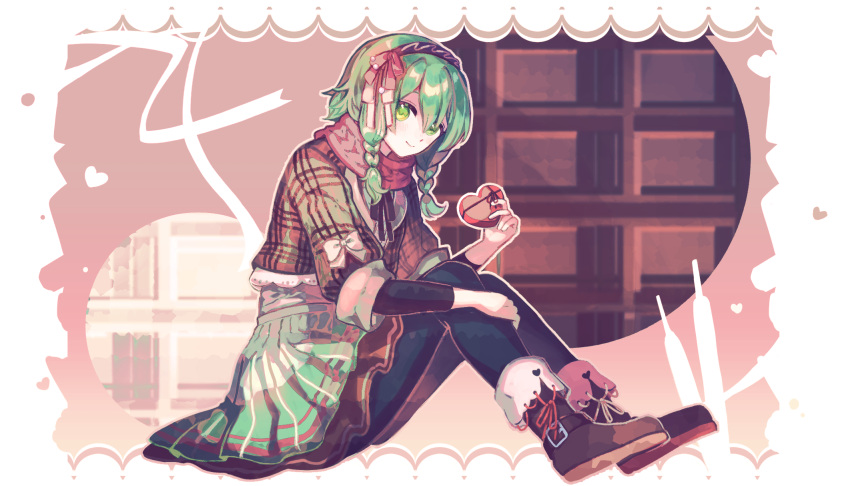 1girl, beekan, black_ribbon, boots, box, braid, brown_footwear, brown_shirt, checkered_clothes, checkered_shirt, chocolate, closed_mouth, green_eyes, green_hair, green_skirt, gumi, hair_ornament, hairband, head_tilt, heart-shaped_box, highres, holding, holding_box, lace_trim, looking_at_viewer, on_ground, pantyhose, red_scarf, ribbon, scarf, shirt, short_hair, simple_background, sitting, skirt, smile, solo, twin_braids, undershirt, valentine, vocaloid