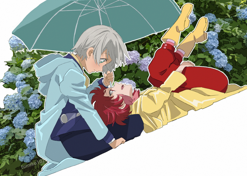 artist_name, blue_jacket, blue_pants, blush, eye_contact, flower, fumiko_(mesushi), green_eyes