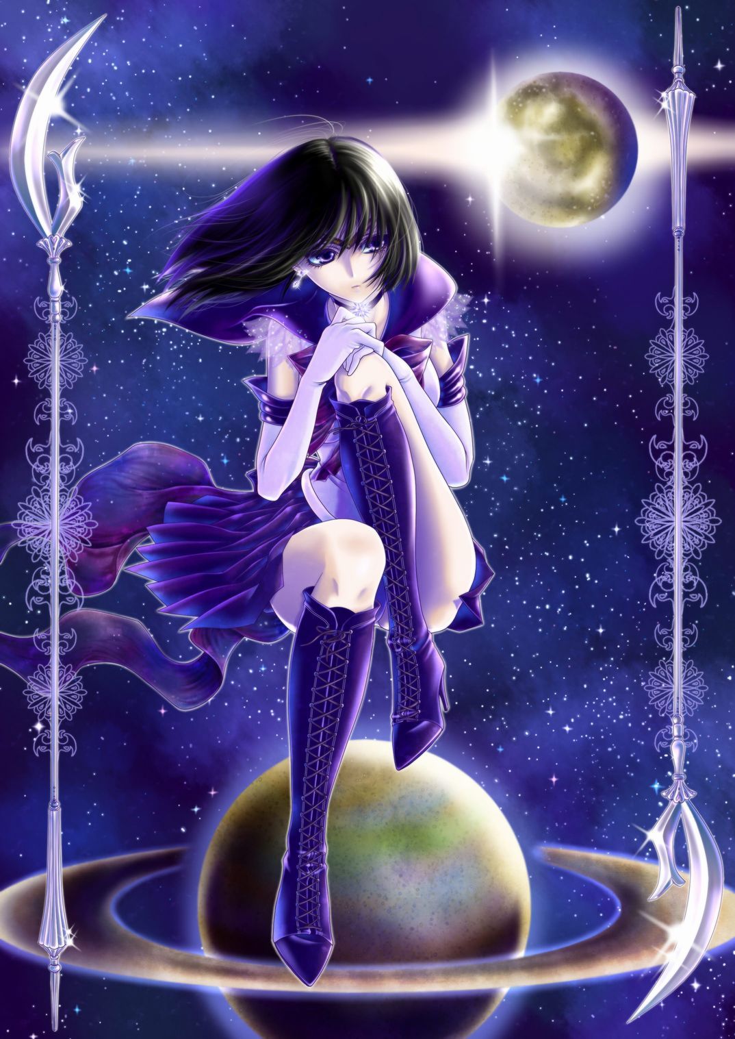 black_hair, boots, choker, cross-laced_footwear, earrings, glaive, highres, jewelry