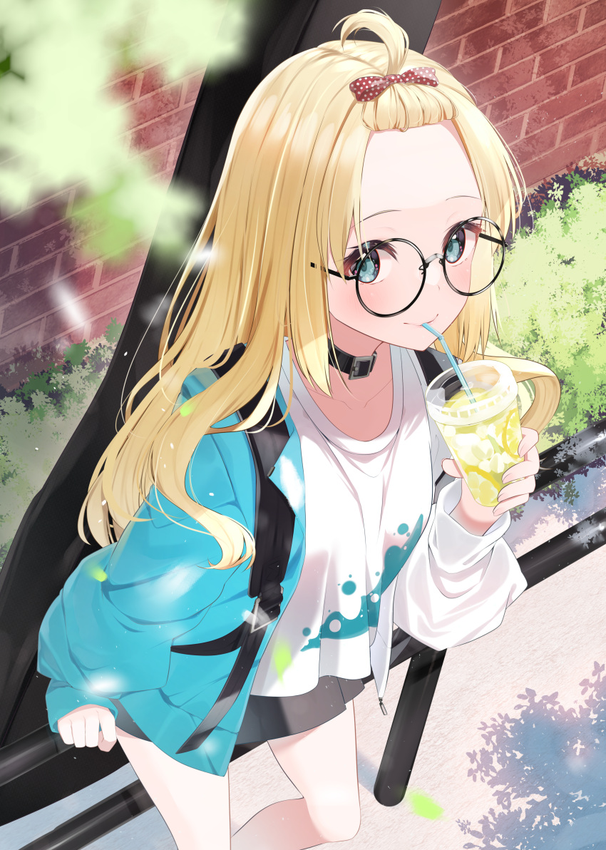 1girl, absurdres, ahoge, bangs_pinned_back, belt_choker, black-framed_eyewear, blonde_hair, blue_eyes