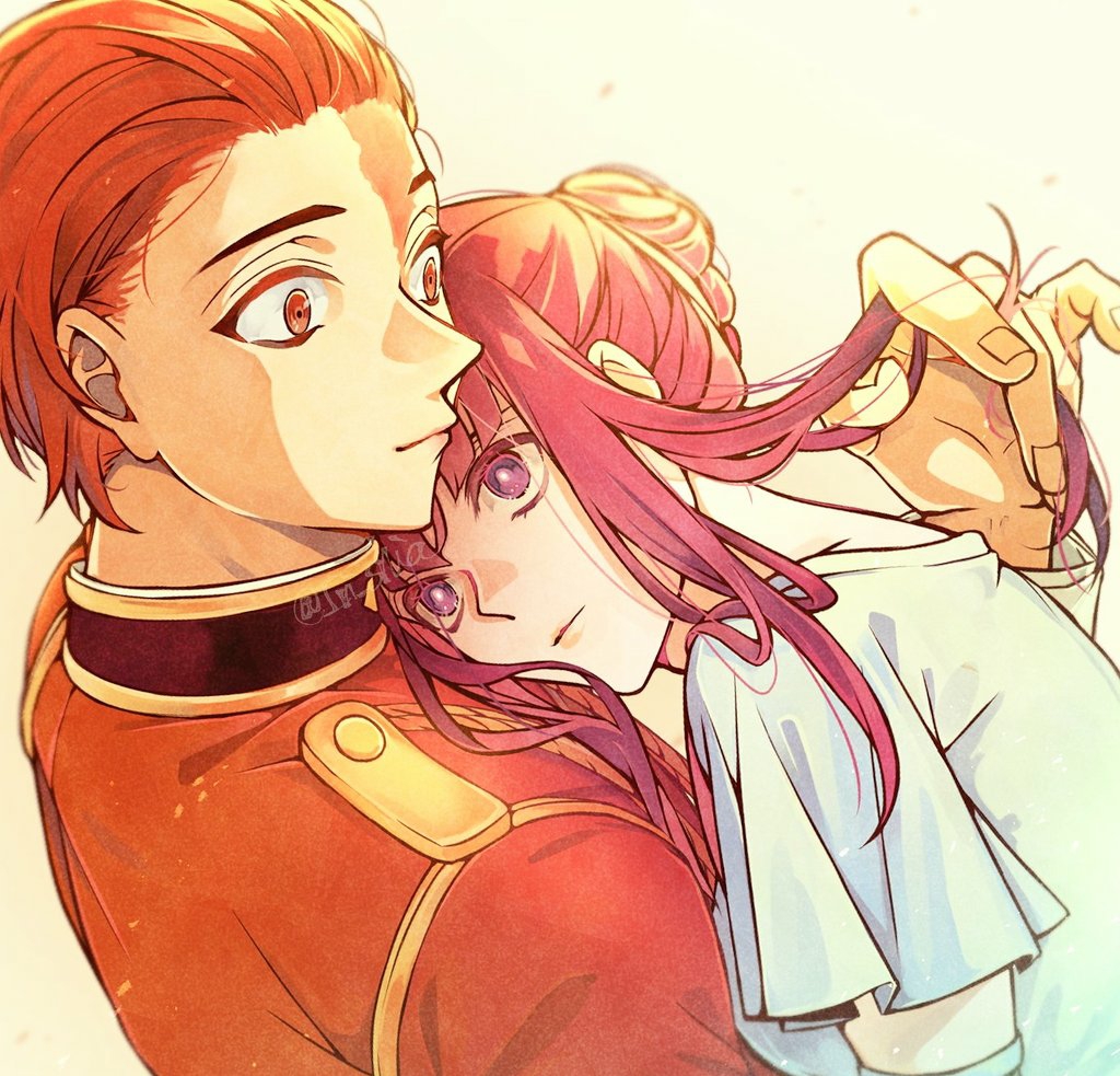 1boy, 1girl, fern_(sousou_no_frieren), hair_bun, hair_slicked_back, hand_in_another's_hair, head_on_chest, hetero
