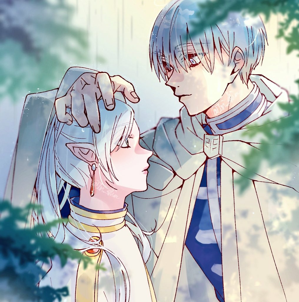 1boy, 1girl, blue_eyes, blue_hair, cape, dappled_sunlight, day, earrings
