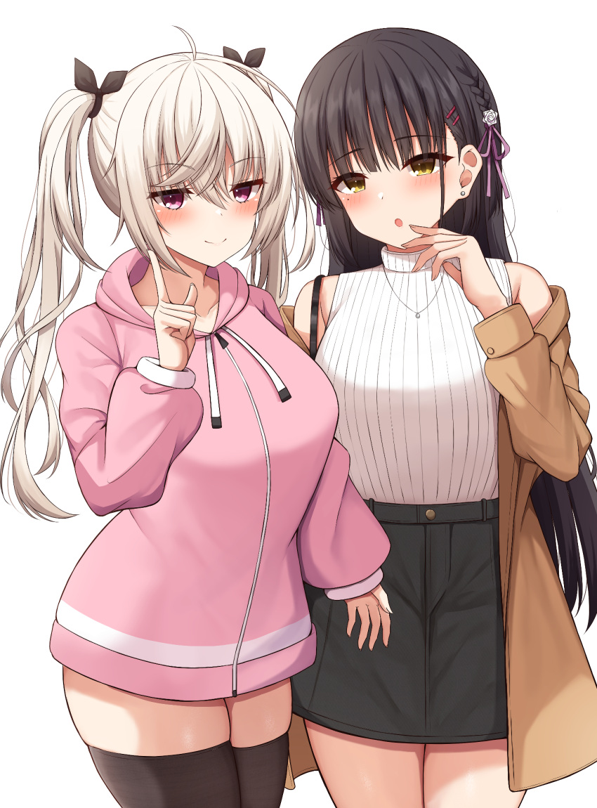2girls, :o, ahoge, akizuki_kanna, alternate_costume, arm_at_side, bare_shoulders, black_bow
