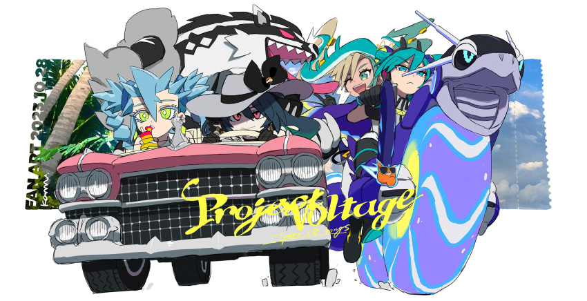 aqua_eyes, aqua_hair, black_bow, black_gloves, bow, car, claws, dark_miku_(project_voltage), dragon_miku_(project_voltage), driving, electric_miku_(project_voltage), fangs, gloves, green_hair, hat, hat_bow, hatsune_miku, highres, ice_hair, ice_miku_(project_voltage), lapras, long_hair, luxury_ball, miraidon, motor_vehicle, multicolored_hair, obstagoon, one_eye_closed, poke_ball, pokemon, pokemon_(creature), project_voltage, red_eyes, riding, riding_pokemon, rotom, rotom_(normal), siirakannu, smile, spiky_hair, twintails, two-tone_hair, very_long_hair, vocaloid