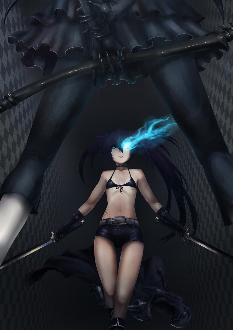 belt, bikini_top, black_hair, black_rock_shooter, black_rock_shooter_(character), blue_eyes, boots, coat