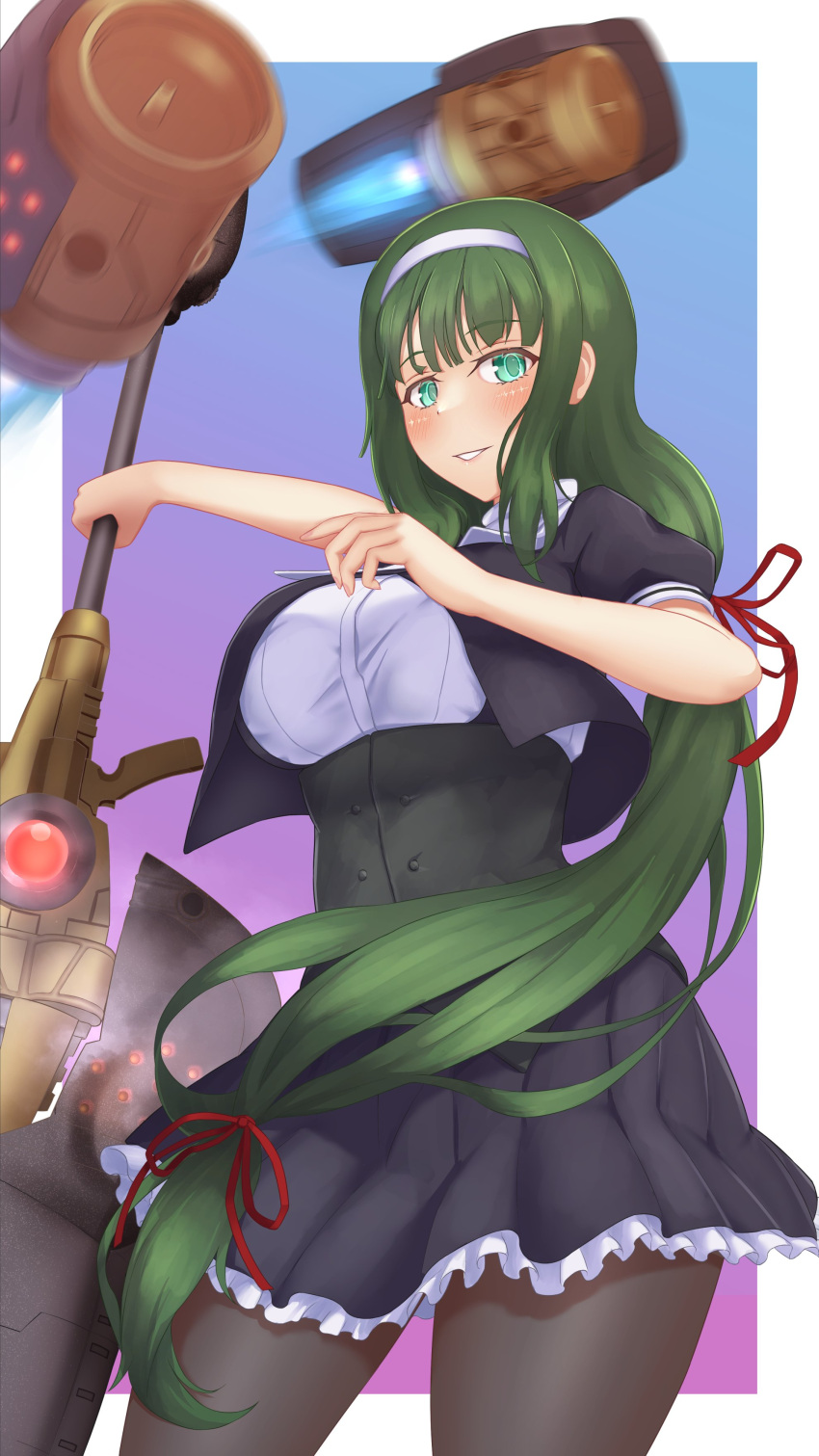 1girl, absurdres, aqua_eyes, black_skirt, blue_background, blush, border, breasts