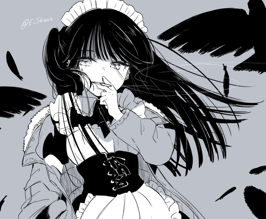 1girl, apron, black_hair, cigarette, esgkjj, feathers, jacket, long_hair