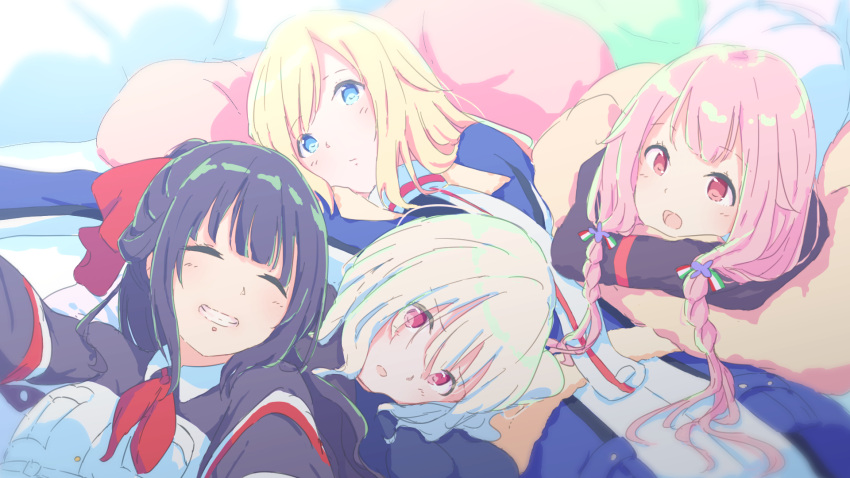 4girls, black_hair, blonde_hair, blue_eyes, bow, claudia_bruford, facing_viewer, fukunaga_nagisa