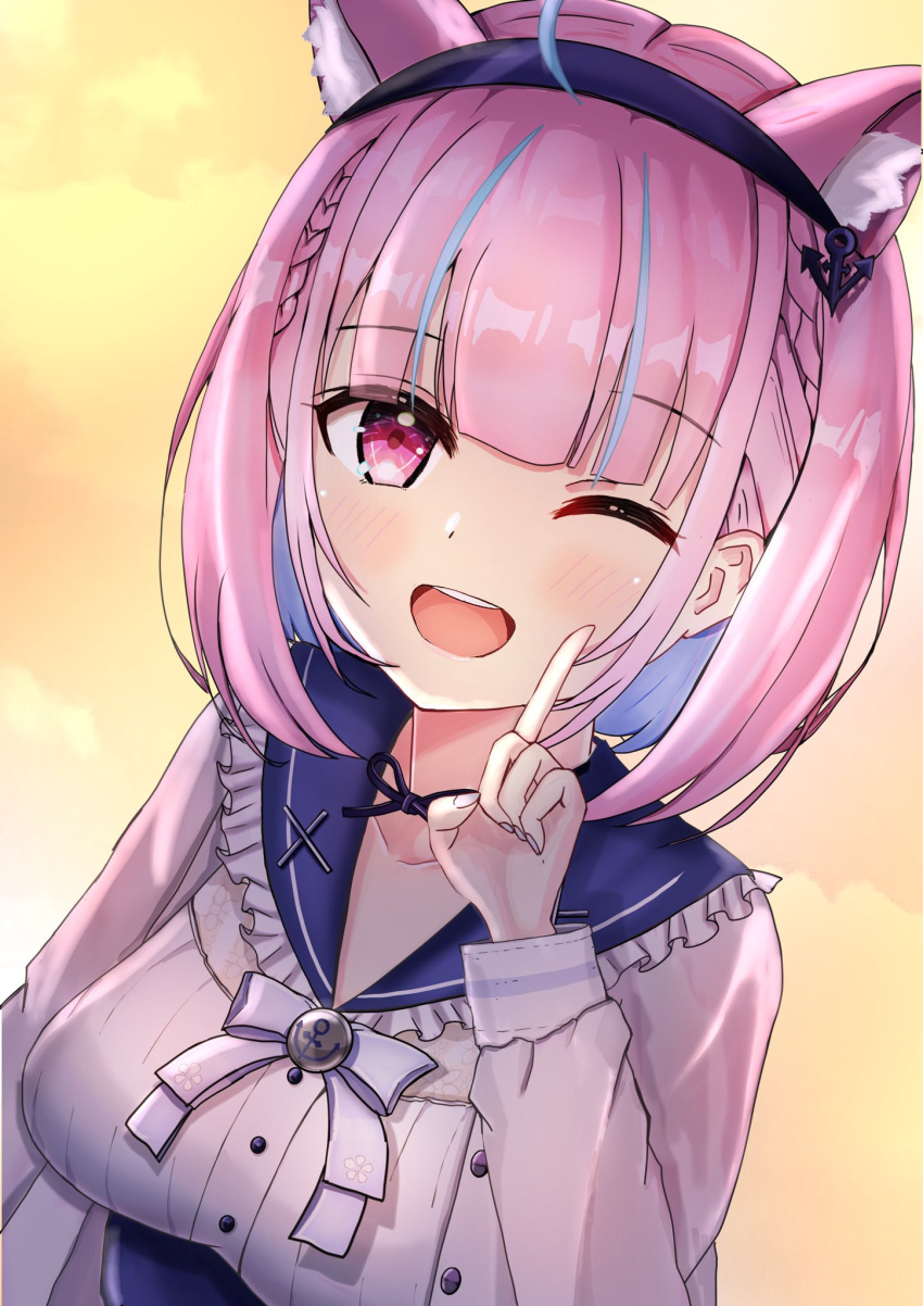 1girl, ahoge, anchor_symbol, animal_ear_fluff, animal_ears, blue_nails, bob_cut, bow