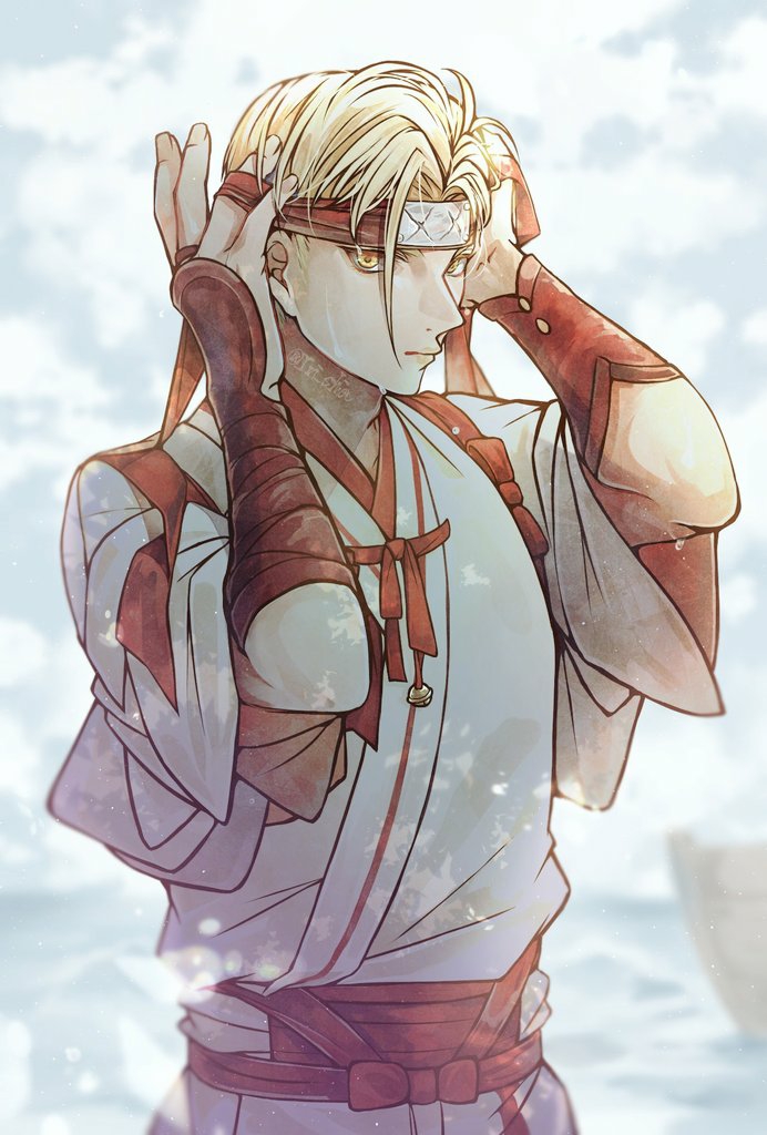 1boy, adjusting_clothes, adjusting_headwear, blonde_hair, day, hands_up, headband, japanese_clothes