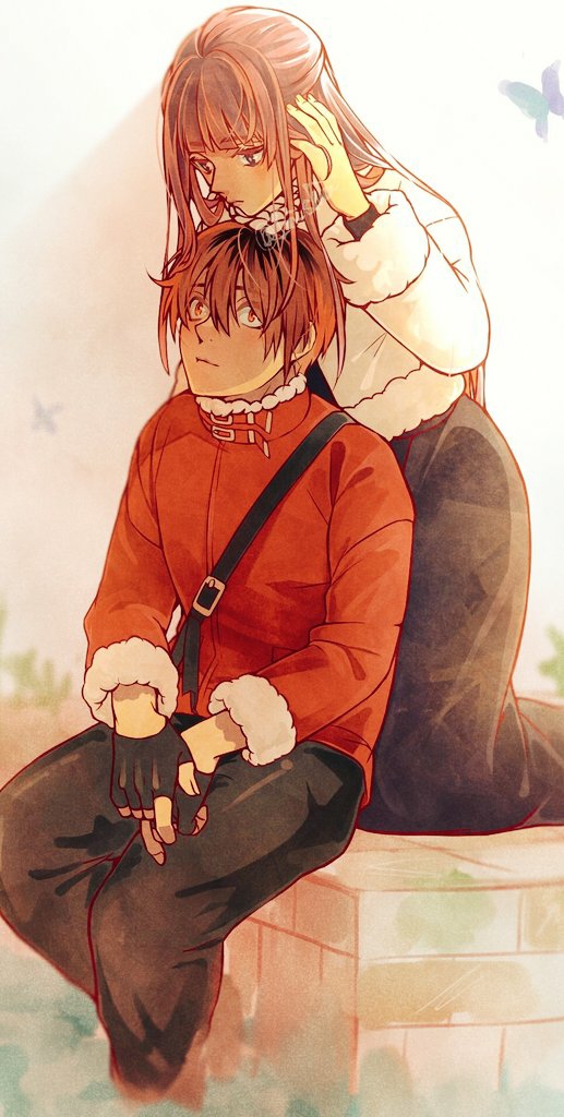 1boy, 1girl, black_gloves, black_pants, black_skirt, bug, butterfly, coat