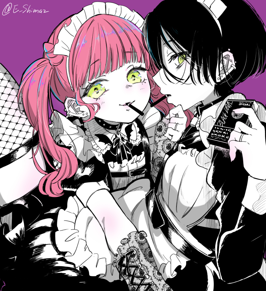 2girls, apron, cigarette, cigarette_pack, ear_piercing, esgkjj, fishnet_thighhighs, fishnets, hand_on_another's_chin, highres, jewelry, maid_apron, maid_headdress, multiple_girls, original, piercing, ring, thigh-highs, yuri