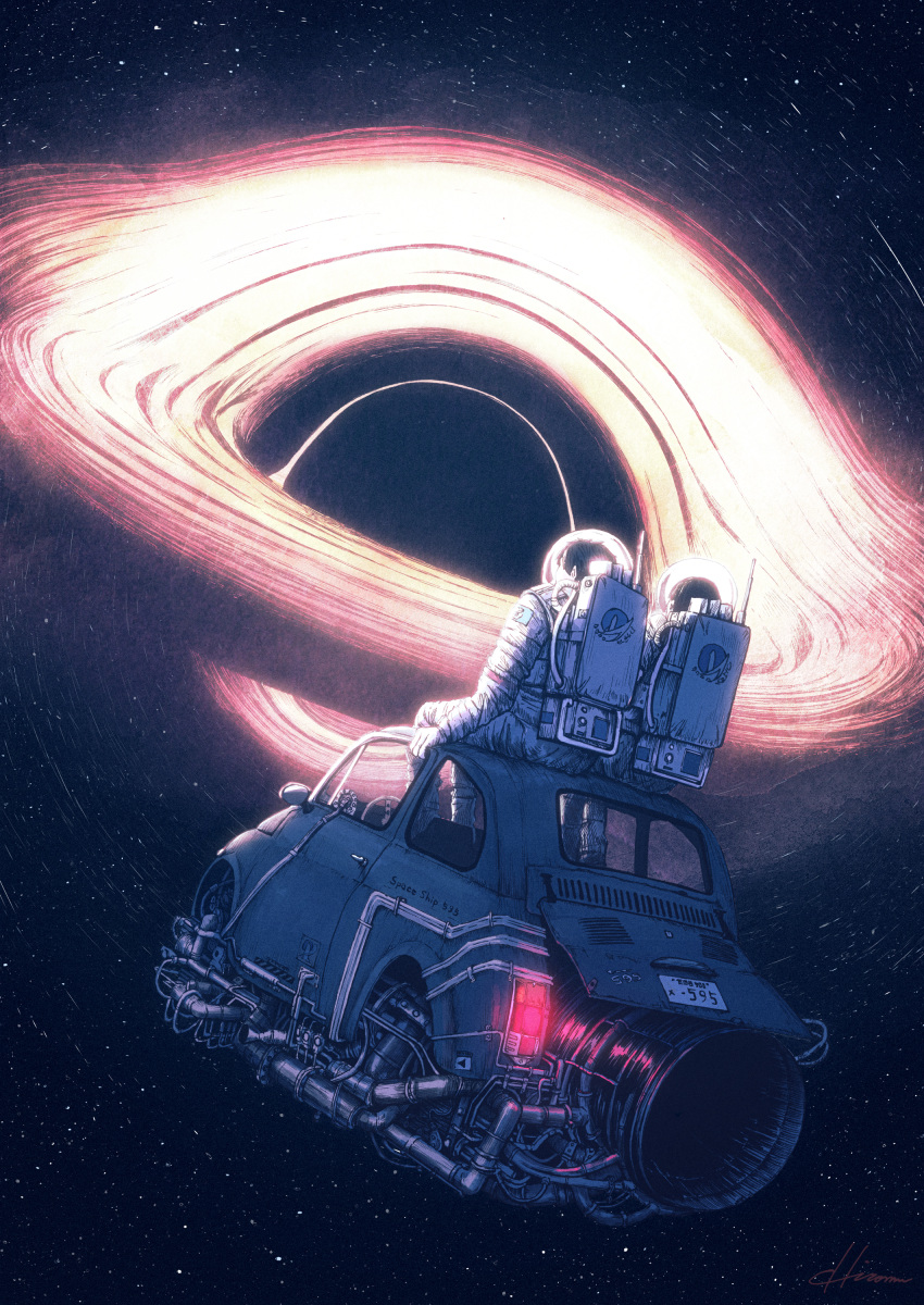 2others, absurdres, ambiguous_gender, astronaut, black_hair, black_hole, car, english_text, from_behind, full_body, helmet, highres, hiromumaru, license_plate, motor_vehicle, multiple_others, original, short_hair, sitting_on_car, space, space_helmet, spacesuit