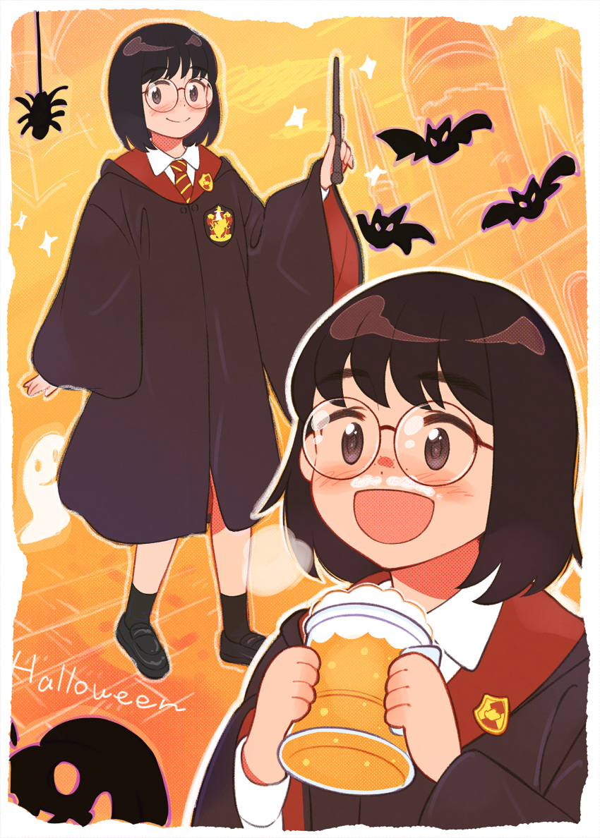 1girl, 49s-aragon, bat_(animal), black_footwear, black_hair, blush, border, bug, collared_shirt, foam_mustache, freckles, full_body, ghost, glasses, gryffindor, halloween, halloween_costume, harry_potter_(series), highres, hogwarts_school_uniform, holding, holding_wand, jack-o'-lantern, jimiko, multiple_views, necktie, open_mouth, original, outline, photoshop_(medium), school_uniform, shirt, short_hair, smile, socks, sparkle, spider, standing, striped, striped_necktie, upper_body, wand, white_outline, wide_sleeves, wizarding_world