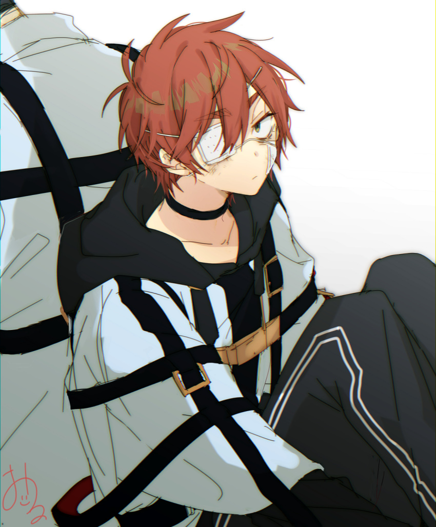 2boys, black_choker, black_hoodie, black_pants, brown_eyes, brown_hair, choker, closed_mouth