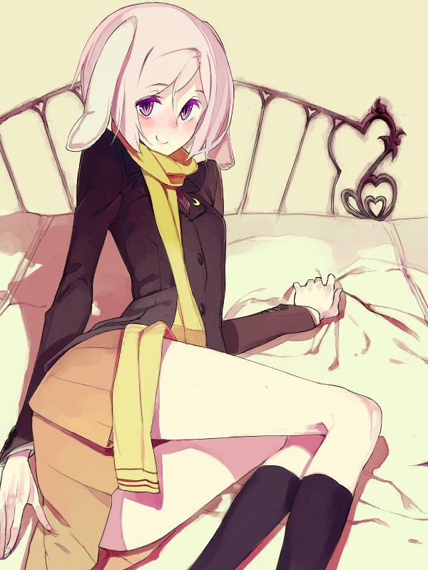 animal_ears, bed, black_legwear, blazer, blush, bunny_ears, colored_eyelashes, eyelashes, fakepucco, kneehighs, pink_hair, pleated_skirt, purple_eyes, reisen, scarf, short_hair, skirt, smile, socks, touhou
