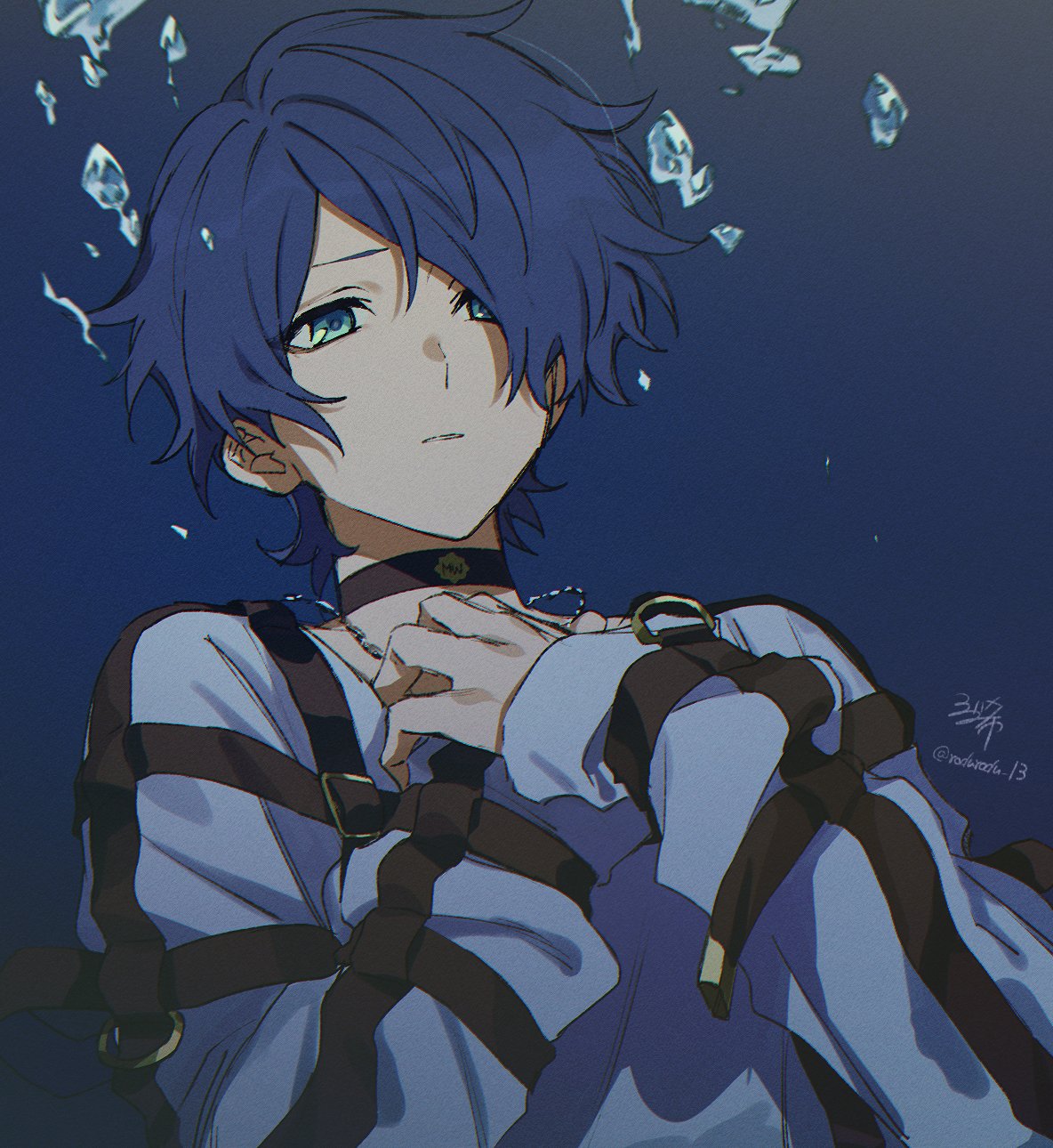 1boy, aqua_eyes, blue_hair, brown_choker, brown_garter_straps, choker, highres, jacket