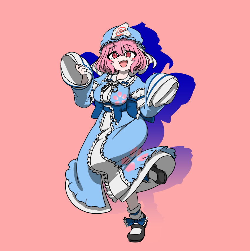 1girl, :3, :d, absurdres, black_footwear, blue_headwear, blue_kimono, commentary, english_commentary, full_body, hat, highres, japanese_clothes, jomun, kimono, long_sleeves, looking_at_viewer, mob_cap, open_mouth, pink_background, pink_eyes, red_eyes, saigyouji_yuyuko, simple_background, smile, solo, touhou, triangular_headpiece