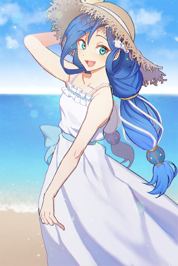 1girl, arm_behind_head, arm_up, bare_shoulders, beach, blue_hair, bow, collarbone