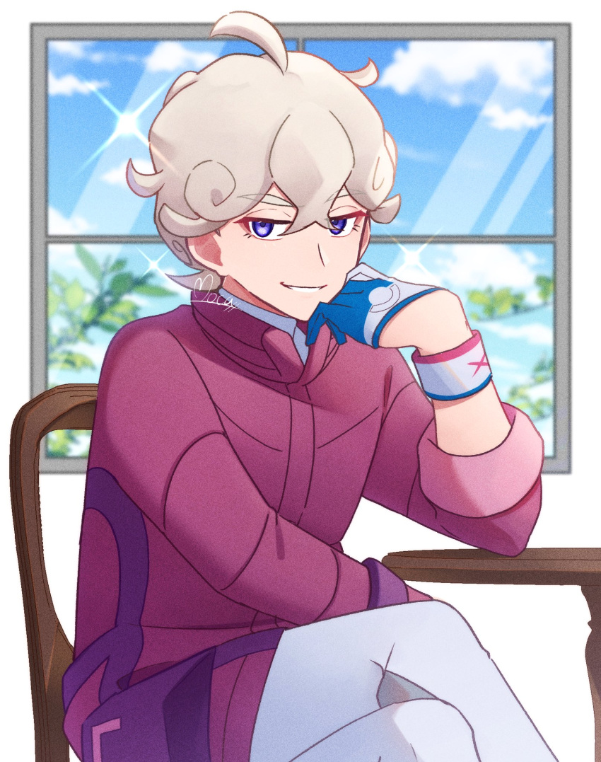 1boy, bede_(pokemon), blonde_hair, chair, clouds, coat, commentary_request, crossed_legs
