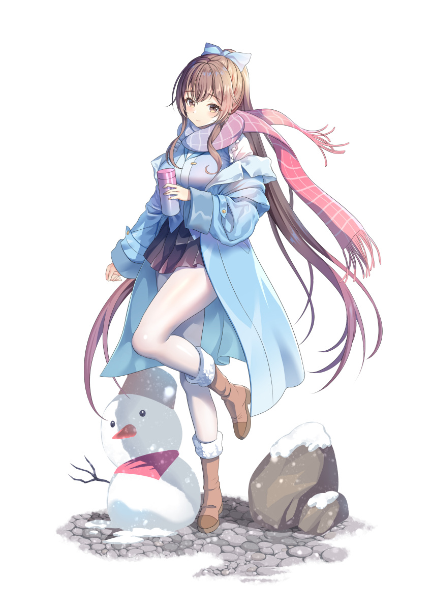 1girl, absurdres, black_skirt, blue_bow, blue_coat, blue_vest, boots, bow, breasts, brown_eyes, brown_footwear, brown_hair, checkered_clothes, checkered_scarf, closed_mouth, coat, freshylulu_m, frilled_skirt, frilled_vest, frills, full_body, fur-trimmed_boots, fur_trim, hair_bow, highres, holding, holding_thermos, long_hair, looking_at_viewer, medium_breasts, off_shoulder, open_clothes, open_coat, original, pantyhose, pink_scarf, ponytail, rock, scarf, shirt, simple_background, skirt, smile, snowing, snowman, solo, standing, standing_on_one_leg, tachi-e, thermos, very_long_hair, vest, white_background, white_pantyhose, white_shirt, winter