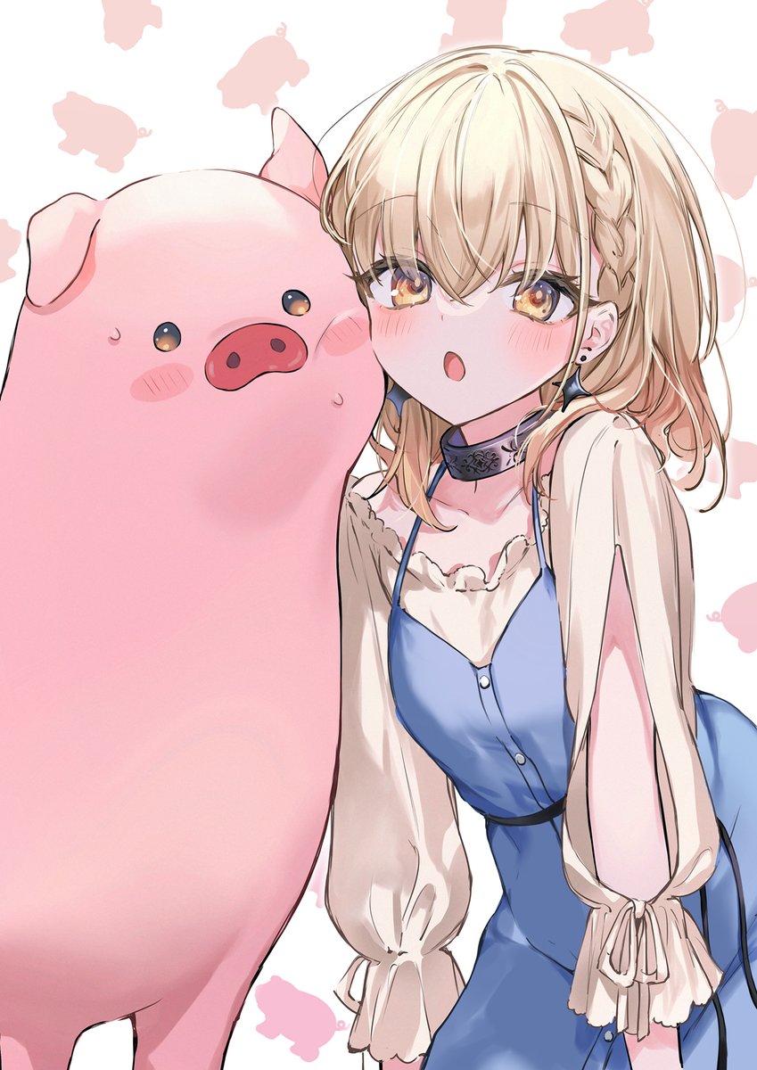 1girl, :o, blonde_hair, blue_dress, braid, buta_no_liver_wa_kanetsu_shiro, chestnut_mouth, crossed_bangs