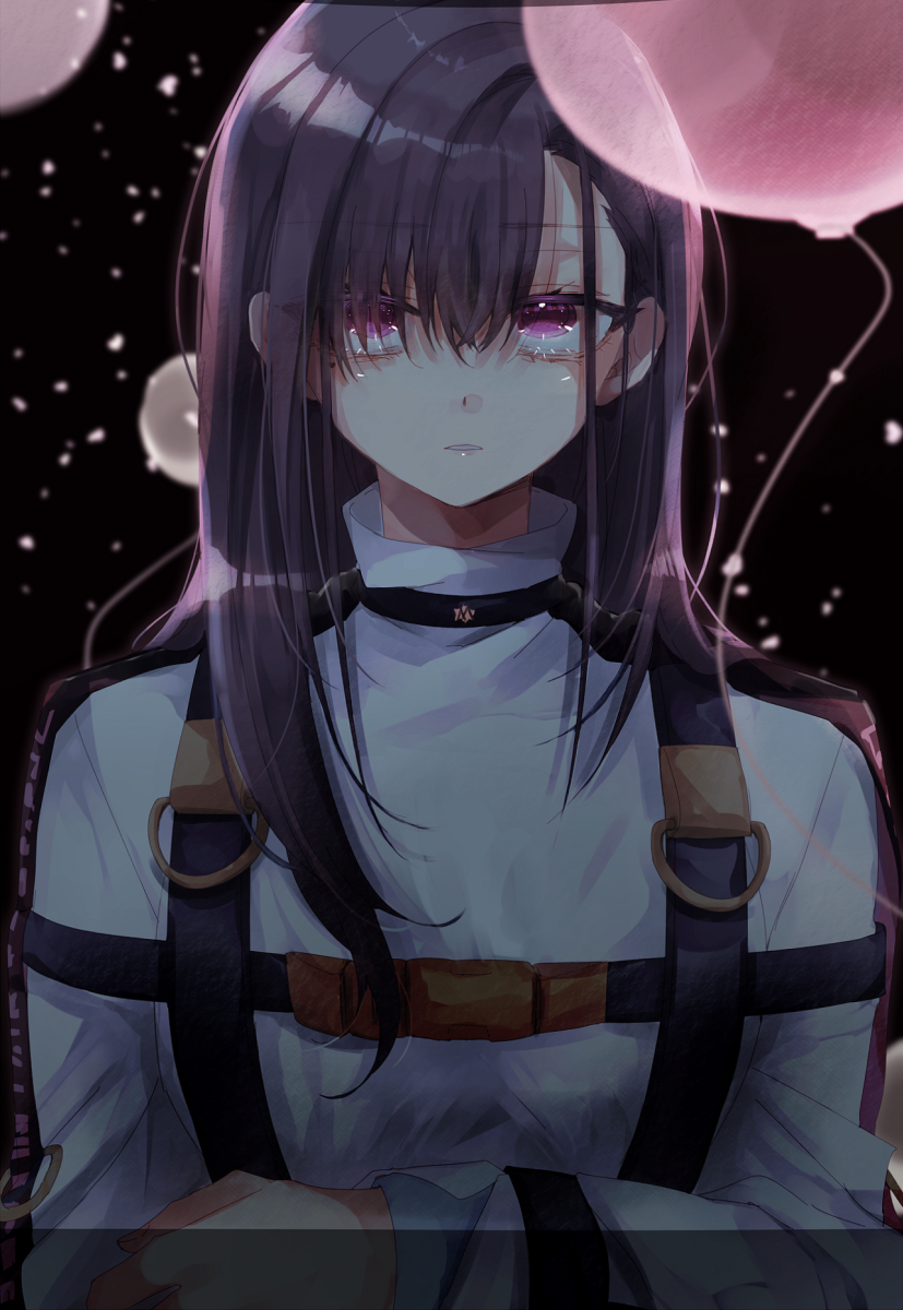 1girl, balloon, black_background, black_choker, black_garter_straps, blue_eyes, choker, crossed_arms
