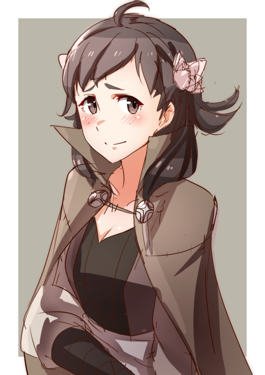1girl, absurdres, blush, brown_cloak, brown_eyes, brown_hair, cloak, closed_mouth